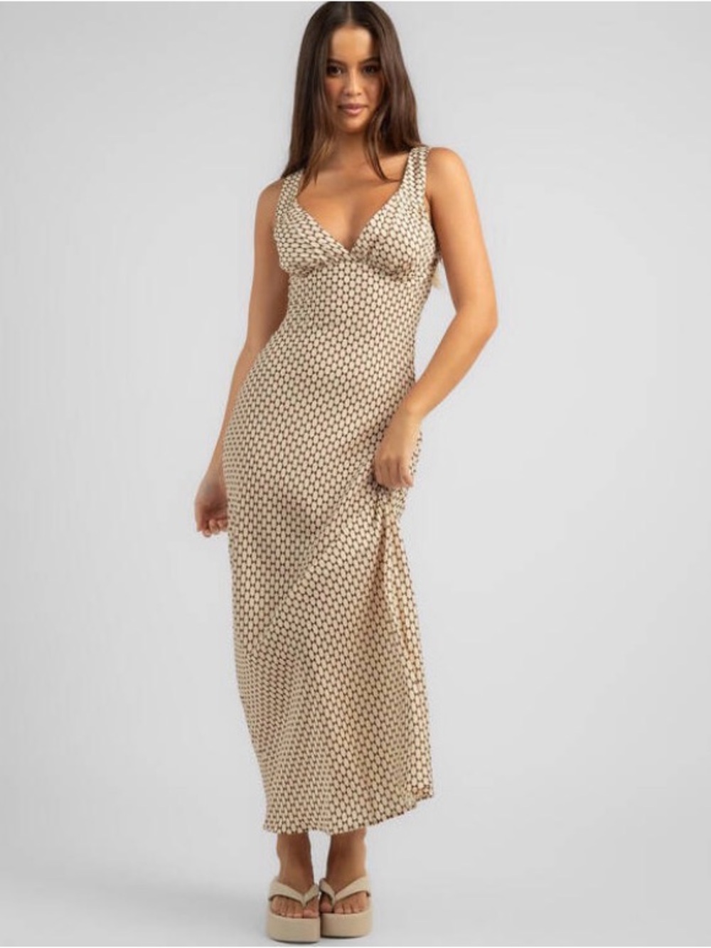 Showpo Beige and Black Printed Maxi Slip Dress #103